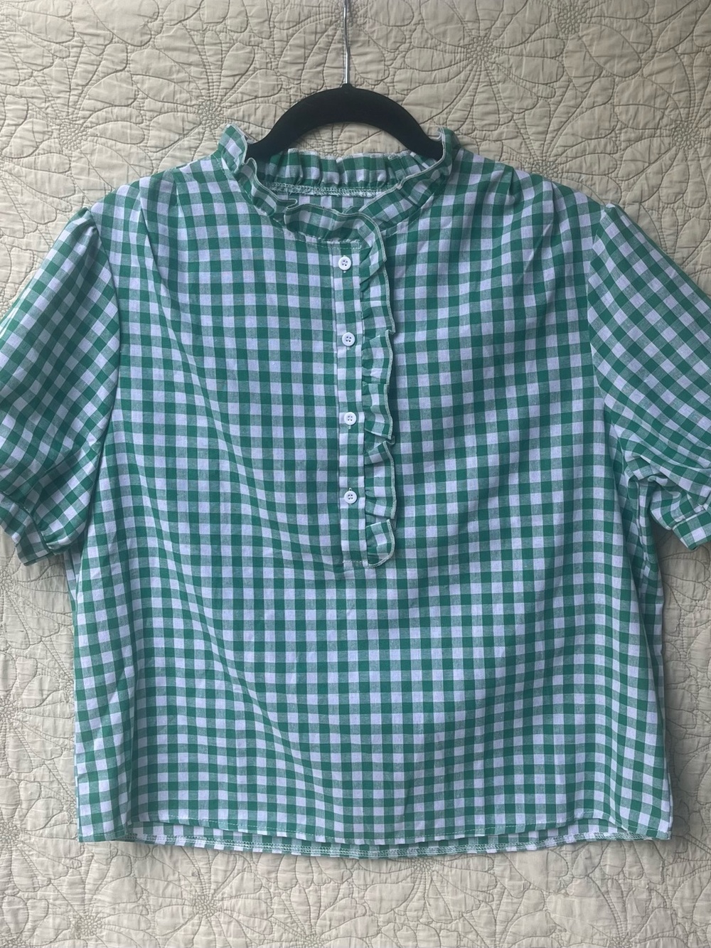 Green Gingham Ruffle Front Top